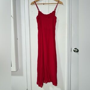 Reformation red ruffle top slip dress with adjustable straps, size 4